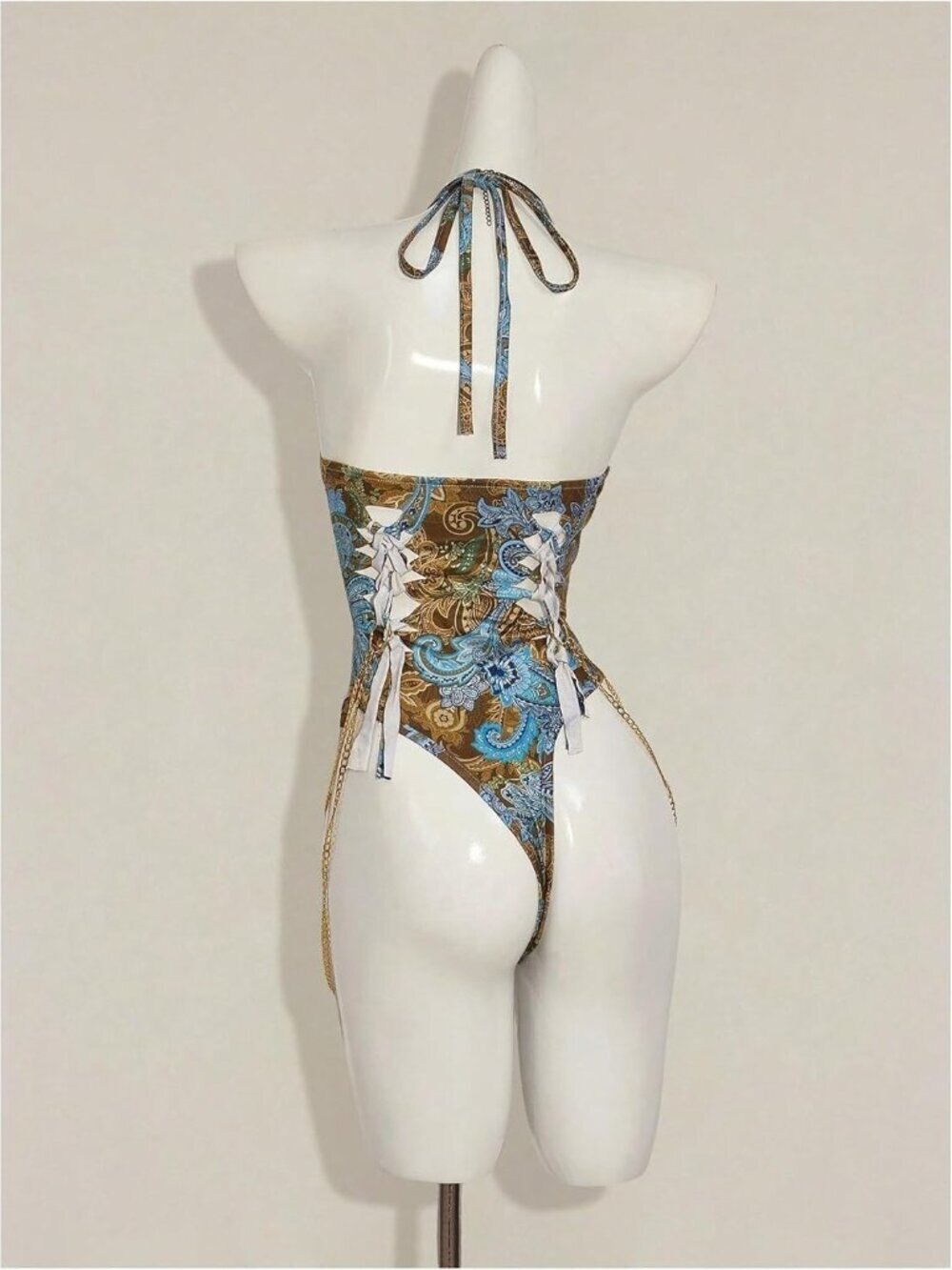 Women's Blue Gothic Cut Out Lace Up Bodysuit Going Out Halter Neck Rave - Picture 3 of 5